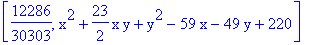 [12286/30303, x^2+23/2*x*y+y^2-59*x-49*y+220]